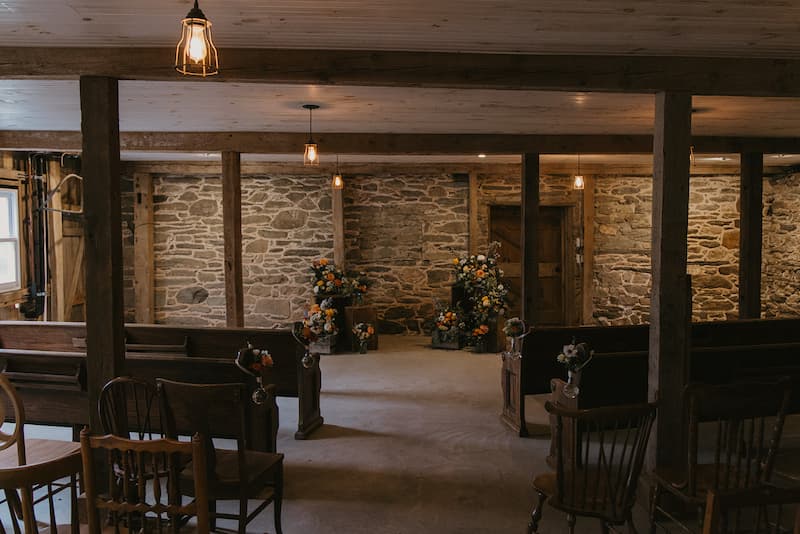 Indoor ceremony setting Lower Level — historic wedding venue Tranquility Farm Virginia